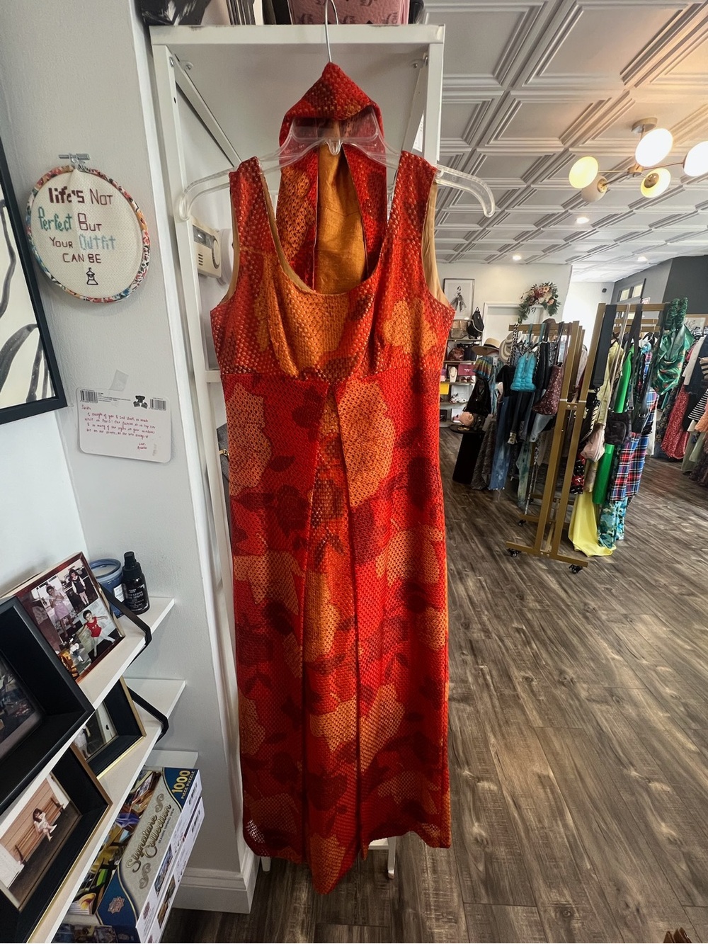 Vintage Mr SMITH Red and Gold Floral-Print Maxi Dress with Matching Scarf